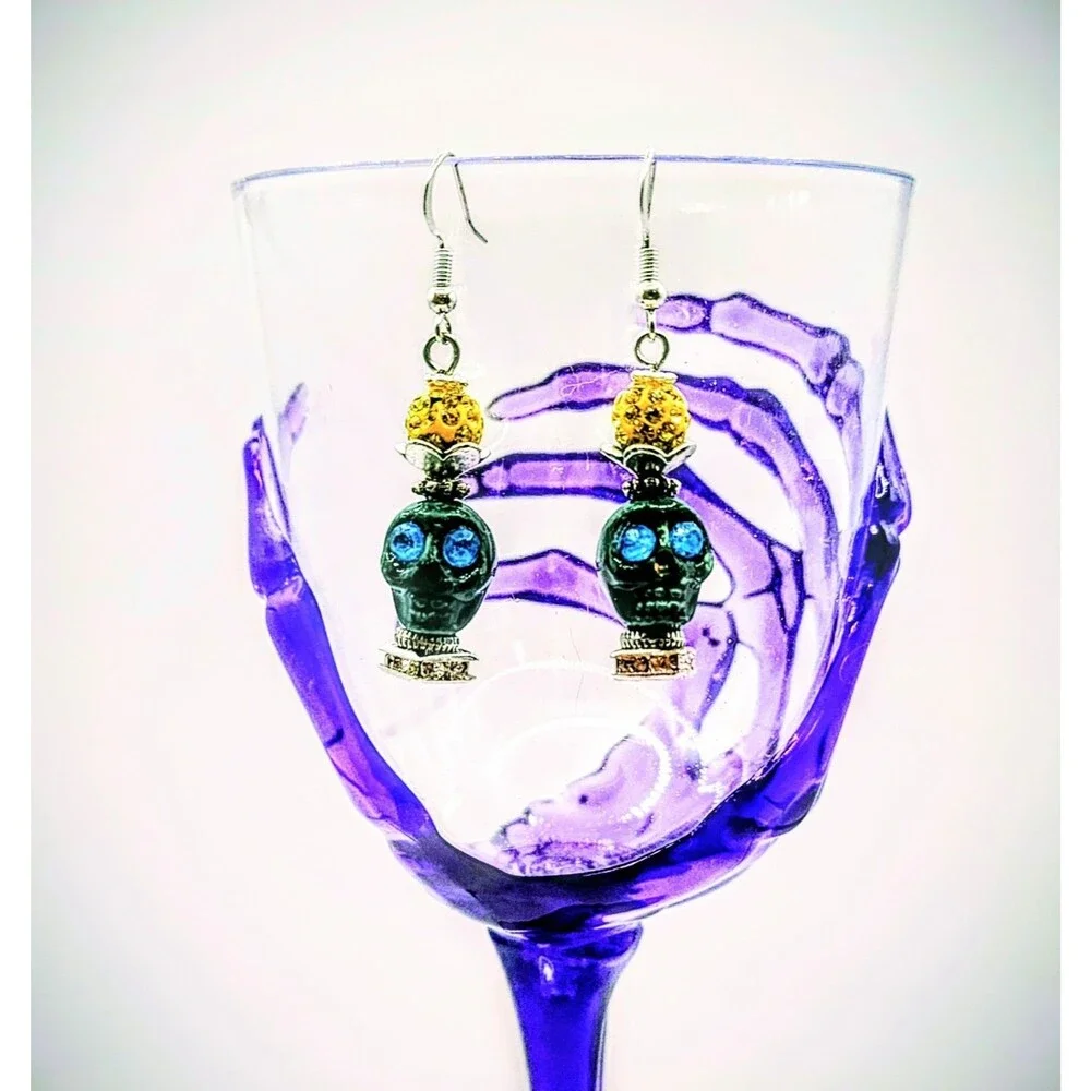 Dark green Skull Day of the Dead Dia de Muertos Dangle Earrings Halloween  Women